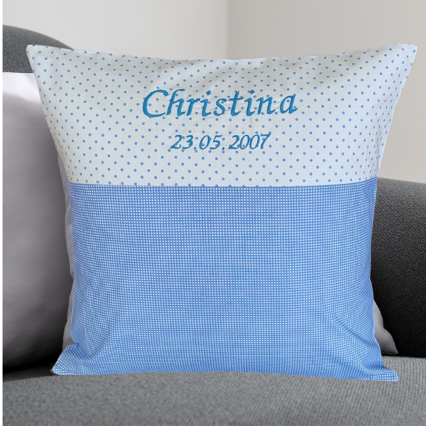 Preview: Namenskissen-Hülle mit Wunschname + Datum bestickt 40x40 cm